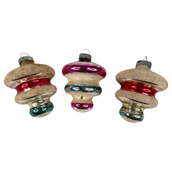 3 VTG Shiny Brite Atomic Glass Christmas Ornaments Set UFO Mushroom Mica Stripe - Picture 2 of 10